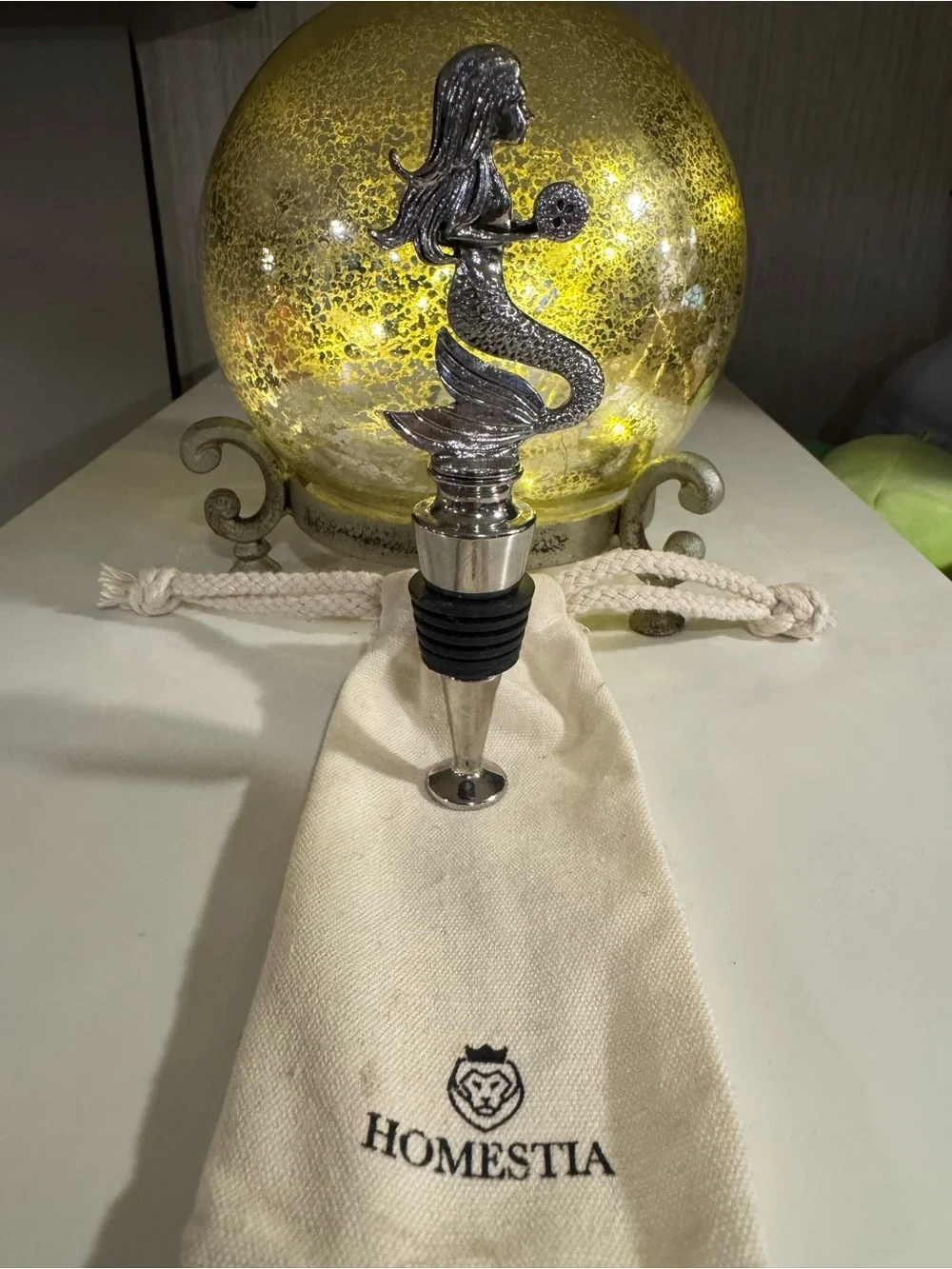 Silver Mermaid Wine Bottle Stopper – White Pouch Included